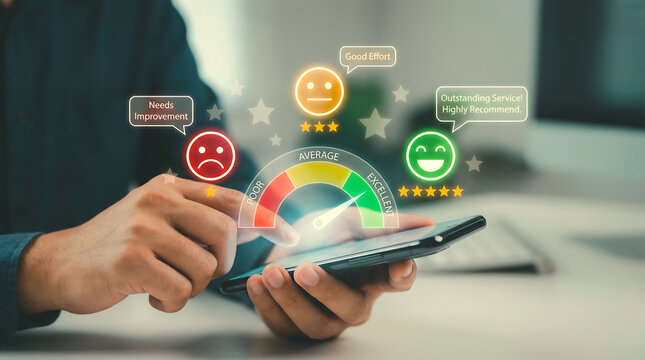 Professional analyzing customer satisfaction feedback interface for website banner - Powered by Adobe