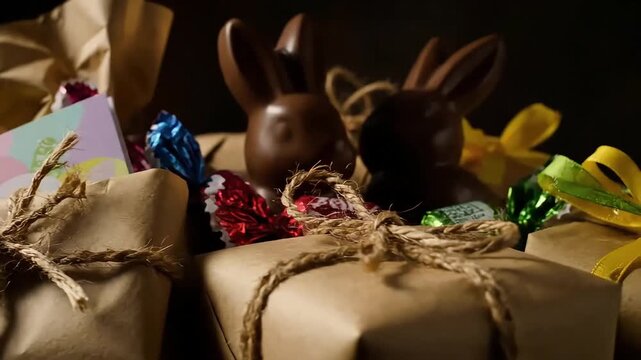 still life with easter gifts in kraft paper tied with twine composition is complemented by chocolate bunnies colorful candies and a greeting card with an image of eggs in a basket