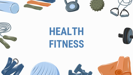Fitness and health web banner with sports equipment set. Modern flat illustration for gym websites, wellness services, fitness marketing and landing page design.