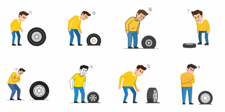 Set of angry male characters dealing with various flat tire situations, expressing frustration, car maintenance issues, and automotive failure.