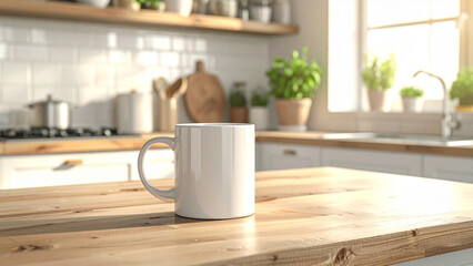 Obraz premium Blank Mug Mockup on Table in Minimal Lifestyle Setting