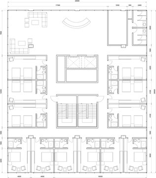 Top-down 2D architectural floor plan for the ground or main floor of a hotel, showing guest rooms, a large lobby, and a central core. Related to hotel ground floor functional layout, commercial lobby