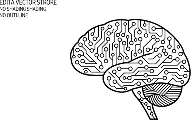 Human brain illustrated with intricate circuit board patterns and lines representing artificial intelligence and technological advancements in a simple black and white vector graphic style.