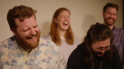 Fototapeta premium Group of four people, two men and two women, standing in a room with a beige wall in the background. the man on the left is wearing a blue hawaiian shirt and has a beard.