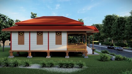 Fototapeta premium Indonesian Traditional Stilt House, showing the elongated profile of the structure with supporting pillar system that elevates the house. Related to spatial organization and ventilation strategies