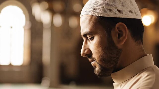 Cinematic portrait focusing on the peaceful side-view of a worshipper. Shallow depth of field emphasizes soft skin tones and the texture of a kufi in a dark mosque