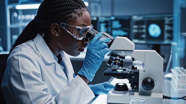 Close-up shot of a female scientist in a lab coat and safety goggles using a microscope, conducting research