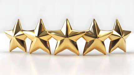 Five gold stars aligned on white background, symbolizing top rating, customer satisfaction, quality assurance, and premium service recognition.