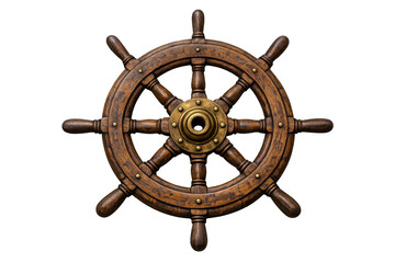 Wooden ship's wheel with brass hub, symbolizing direction, journey, and adventure on a transparent background