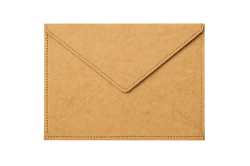 Brown paper envelope with stitched edges on transparent background