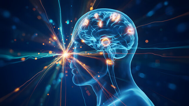 Human head with glowing brain activity and energetic light burst from the mind concept of powerful thought and intelligence on a dark background