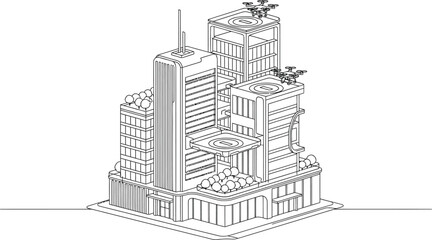 Modern futuristic city building with drones on rooftop in sleek architectural design and isometric view showcasing urban technology and innovation.