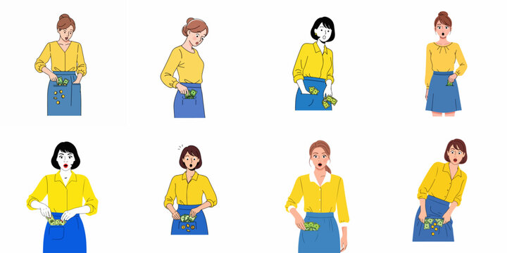 Vector illustration set of women finding money in their pockets or counting savings, expressing surprise and financial concern.