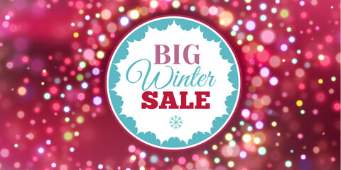 Horizontal winter sale banner with colorful bokeh lights creating a festive glowing atmosphere. Bright modern design perfect for online advertising, website headers, social media promotions and season