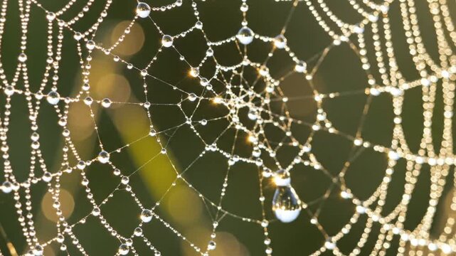 Dew Drops on Spider Web, Macro Photography, Nature's Jewels, Sunlight Sparkle