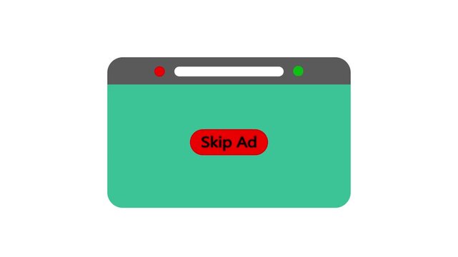 Animation of skip ad with red button animated on black background. Skip advertisement web concept on black screen. 4k video motion