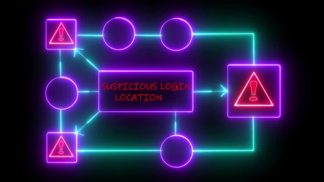 Suspicious login location warning. Cybersecurity defense and system protection from hackers, secure digital systems, cyberattack prevention. Digital security and risk control.