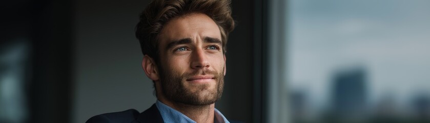 Fototapeta premium Thoughtful young man gazing out of window with a confident and contemplative expression