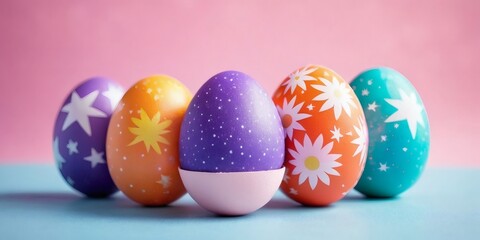 Colorful Easter eggs with bright patterns for holiday designs, banners and seasonal promotions