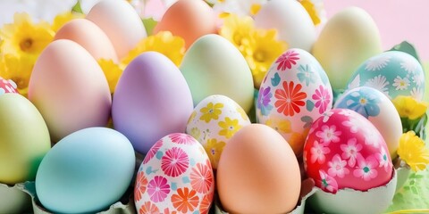 Colorful Easter eggs with bright patterns for holiday designs, banners and seasonal promotions
