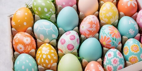 Colorful Easter eggs with bright patterns for holiday designs, banners and seasonal promotions