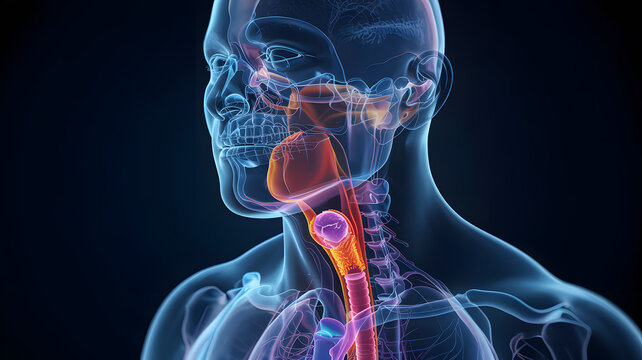 Detailed 3D rendering of human throat and respiratory system with vibrant colors on a dark background for medical study