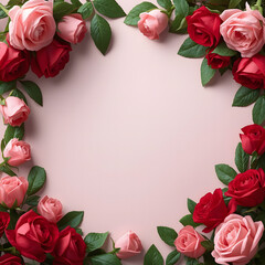 Romantic Red and Pink Rose Floral Frame with Green Leaves