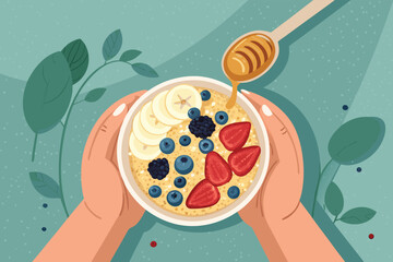 Top Down Hands Holding Oatmeal Fruit Bowl