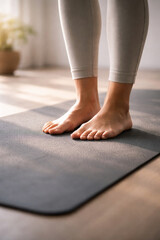 Bare feet of a person standing on a grey yoga mat indoors, ready for exercise or meditation.