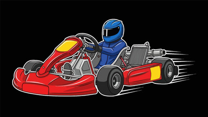 Go kart racer in blue helmet driving red race car, motion blur, black background © mus