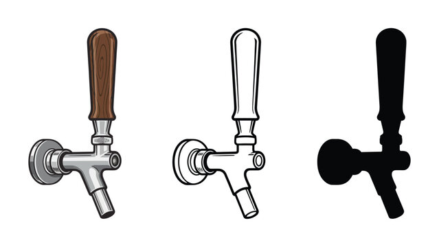 An illustration of three different beer tap handles on a white background