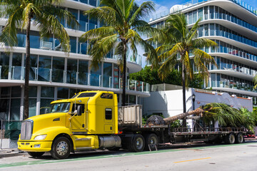 Naklejka premium Road freight vehicle. rucking with semitruck vehicle. Semi truck in America. Freightliner trailer transportation. Rig truck semi trailer hauling. American style truck. Transport concept