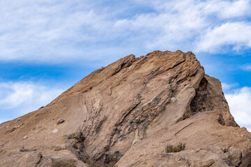 Vasquez Formation, Yellowish and reddish sandstone, conglomerate, and interbedded andesite-basalt.  Sierra Pelona Ridge. Los Angeles County, California. Vasquez Rocks Natural Area and Nature Center. 
