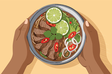 Top Down Hands Holding Pho Bowl