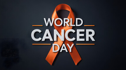 Vibrant orange awareness ribbon signifying World Cancer Day prominently displayed on a sleek dark gray surface with elegant white text promoting globa