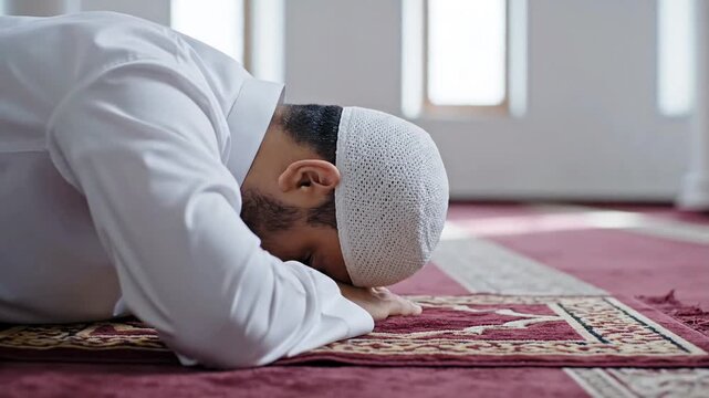 Elevated shot from behind of a devotee in humble prayer posture on a clean mat. Soft shadows and indirect lighting create a reverent atmosphere in a minimalist room