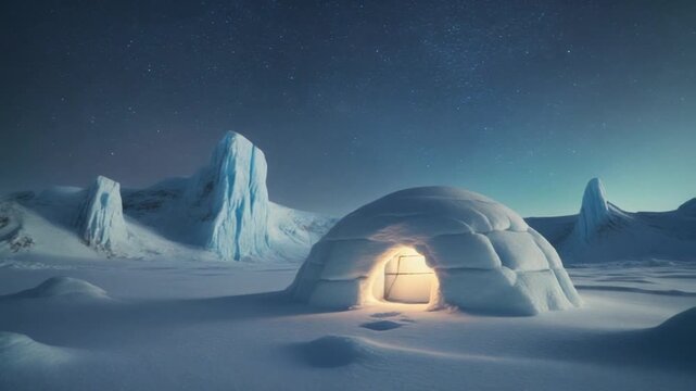 Glowing Igloo in Icy Landscape Under Starry Night Sky with Snowy Peaks