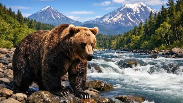A majestic brown bear by a turbulent, rocky river, lush green forest and snow-capped mountain peaks under a bright blue sky all showcase the beauty of wildlife and animal life.