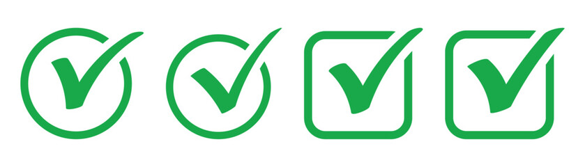 Green check mark icon vector illustration in two variants. Approved, yes, confirm, done, vote, accept, tick, select, check box, green check mark button set circle and round shapes.