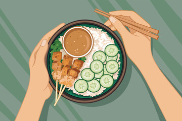 Top Down Hands Holding Satay Rice Bowl Ill