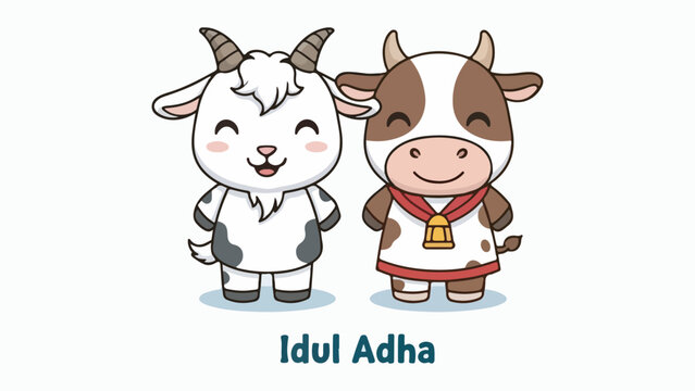 Cute cartoon illustration of a goat and a cow standing side-by-side, celebrating Idul Adha.