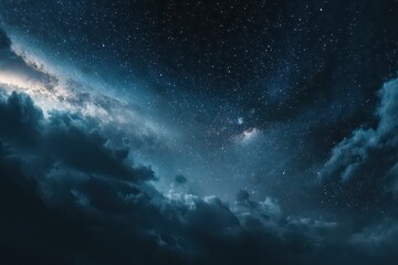 Fototapeta premium Dramatic Night Sky View with Glistening Stars and Dark Billowing Clouds Forming a Ethereal Scene Creating a Dreamlike Atmosphere in Deep Blue and White Tones