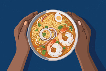 Top Down Hands Holding Seafood Noodle Bowl