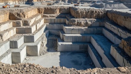 Construction site excavation with stepped concrete foundations.