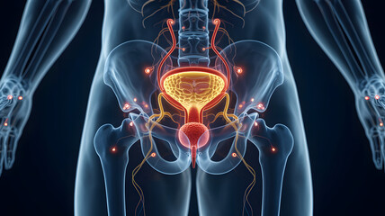 Detailed anatomical illustration of the male urinary system including the bladder and prostate gland within a transparent body on a dark background fo
