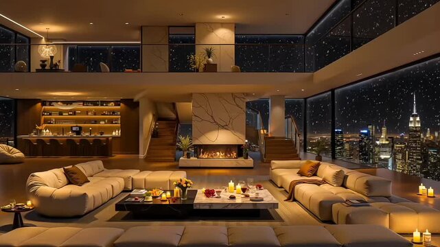 Spacious luxury penthouse with a central fireplace and stunning night views of New York City and the Empire State Building. Warm candle lighting creates a cozy, high-end atmosphere.