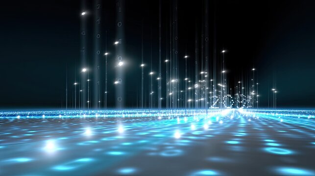 Abstract representation of digital data flow with glowing lights and binary numbers in a futuristic landscape of glowing blue tones