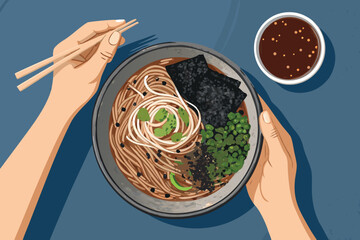 Top Down Hands Holding Soba Bowl Illustrat