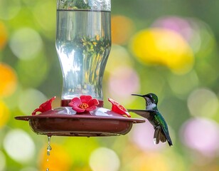 Obraz premium A tiny, iridescent bird perches on a feeder filled with clear liquid. Soft, out-of-focus background with colorful bokeh