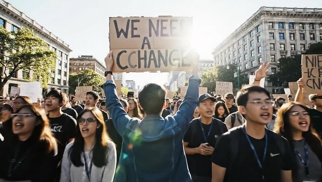 Protestors marching with signs.